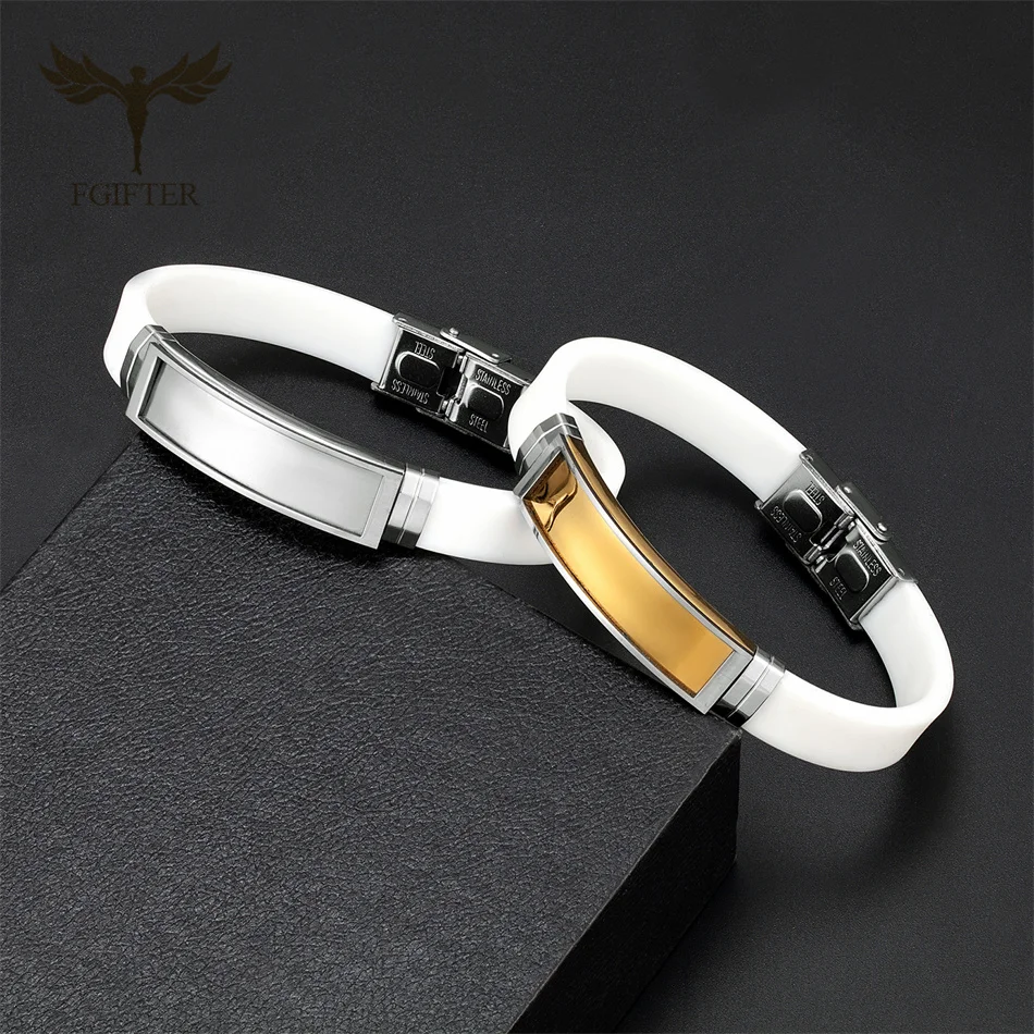 Initial Bangles White Silicone Bracelet Stainless Steel Buckle Simple Fashion Wrist Jewelry for Men and Women High Quality