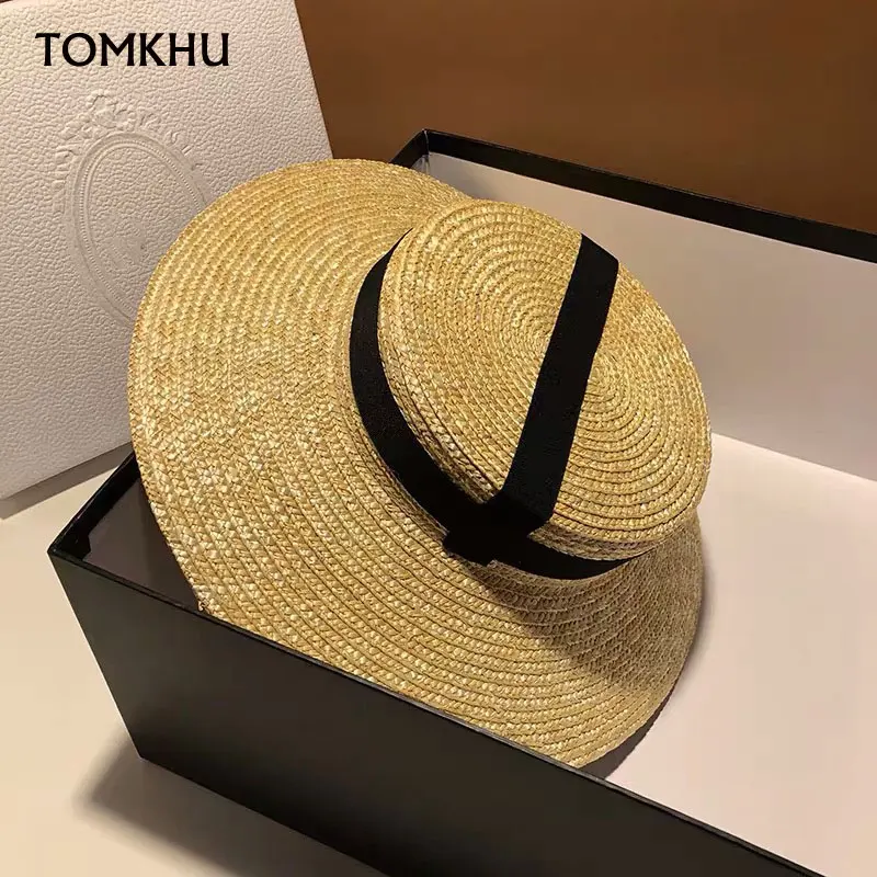 Fashion Handmade Flat-top Straw Hat Women Summer Beach Hat Big Along The French Streamer Seaside Vacation British Retro Sun Hat