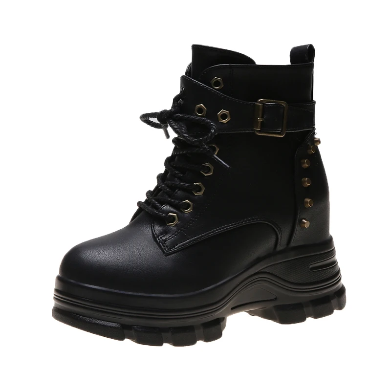 Mulheres botas de tornozelo outono cunhas plataforma gótico tênis inverno couro quente de pelúcia botas da motocicleta mulher rebite 9cm saltos altos