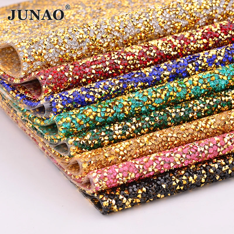 JUNAO 24 Color Hotfix Multicolor Rhinestone Mesh Fabrics Crystal Trim Ribbon Resin Strass Applique for Jewelry DIY Crafts