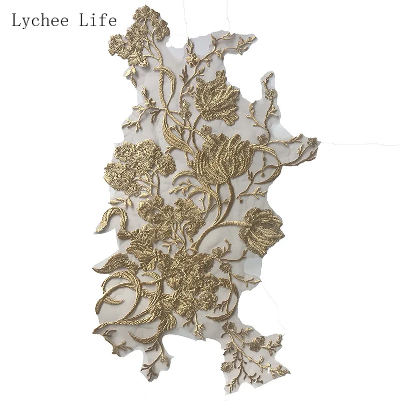 Lychee Life Golden Embroidery Lace Patches Applique Fabric Dress Clothes Patch Stickers T-shirt Diy Decoration