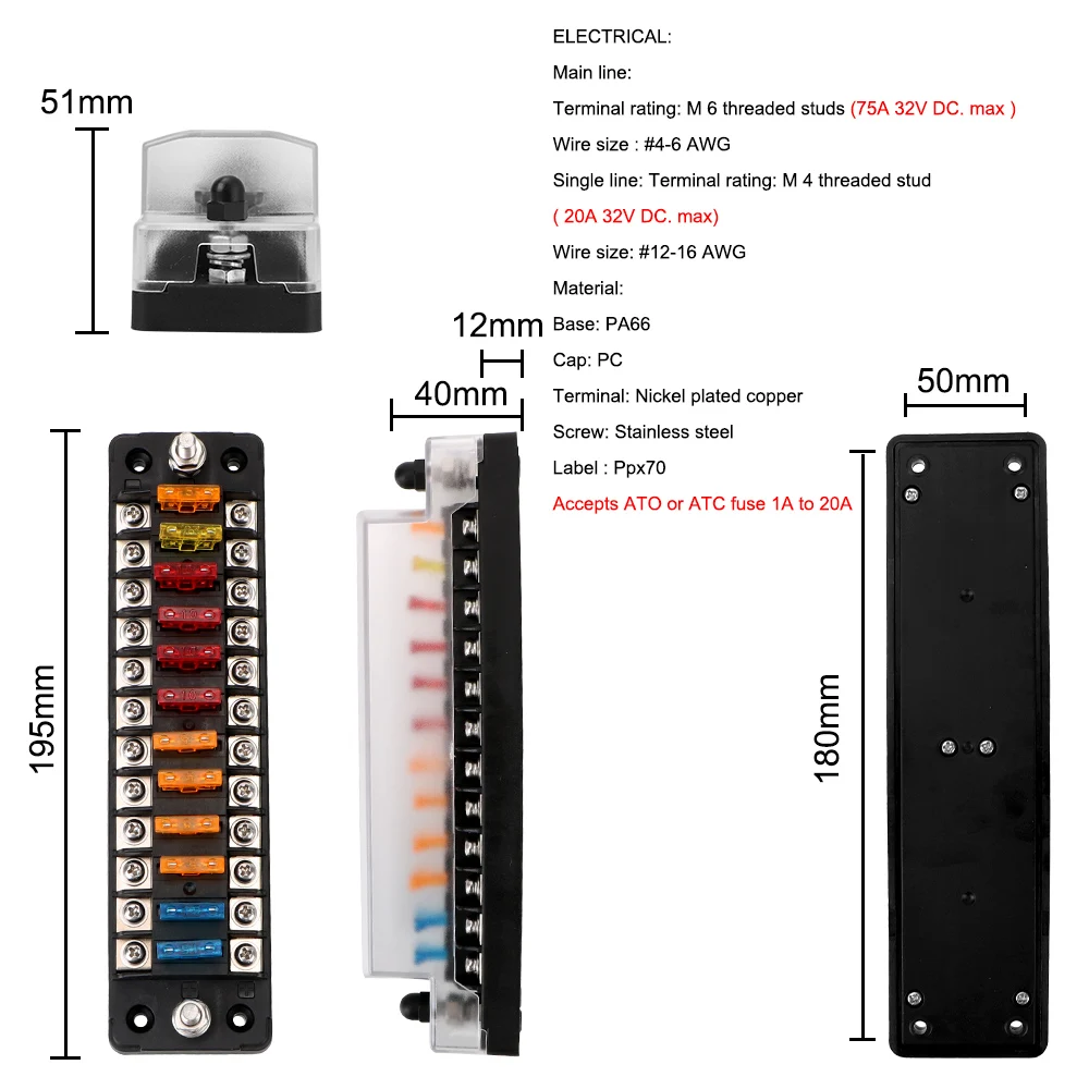 6 Ways 12 Ways Blade Fuse Block Fuse Box Holder Flame Retardant With Double Fuses For Auto Car Marine Trike 32V 75A