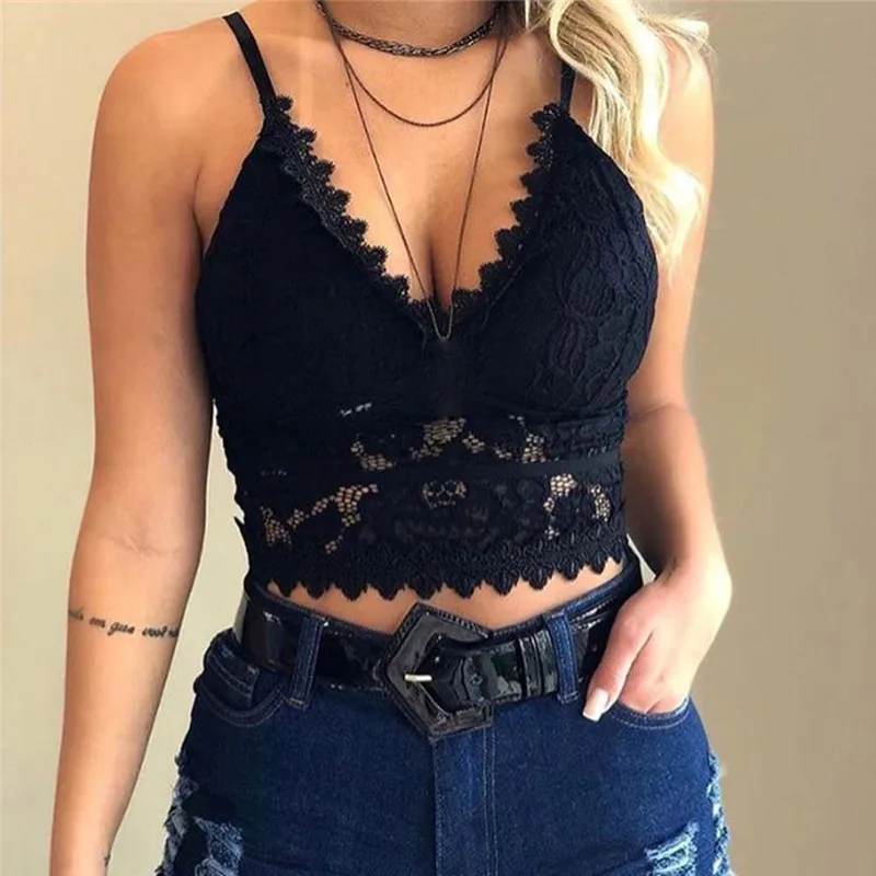 Solid Corset Lace Camis Tops For Women Soft Padded V-Neck Tops Hollow Lace Mesh Camisoles Adjustable Shoulder Strap Female