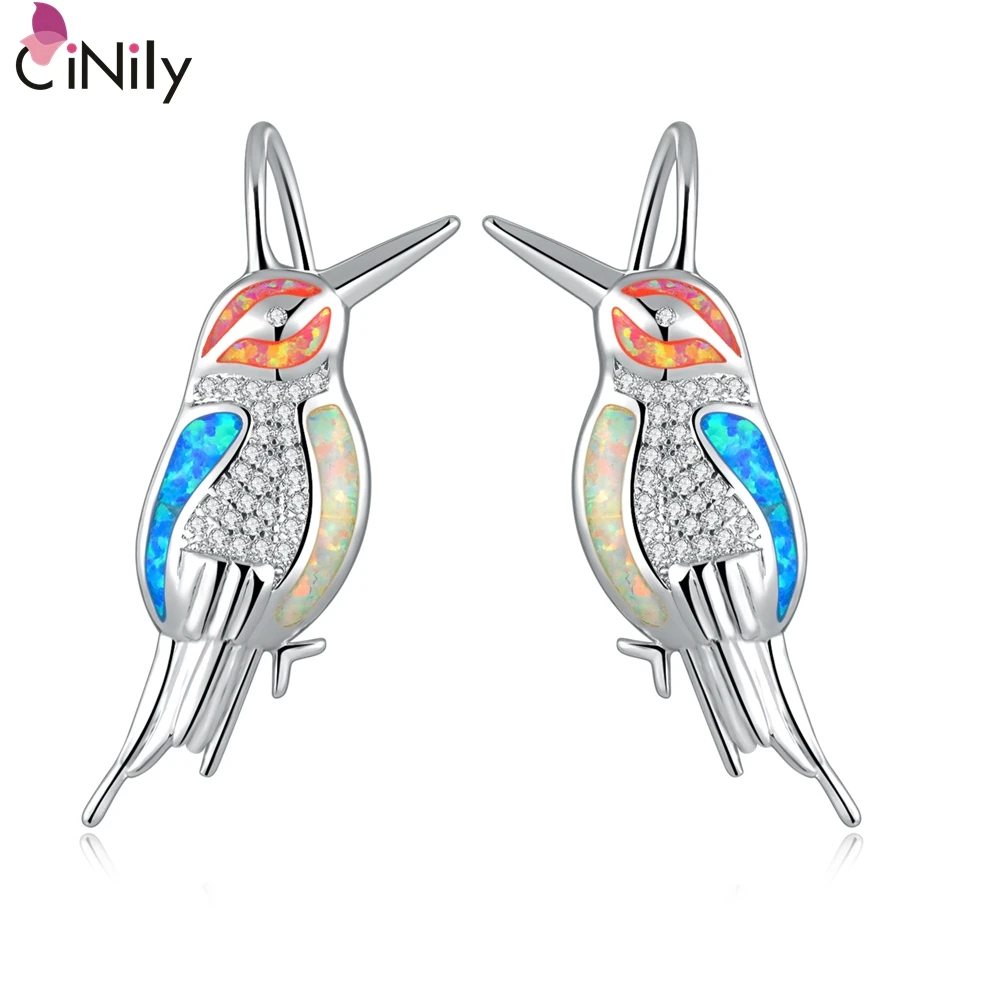 CiNily Created White Blue Pink Fire Opal Cubic Zirconia Silver Plated Wholesale Bird Women Jewelry Dangle Earrings 1 1/2\