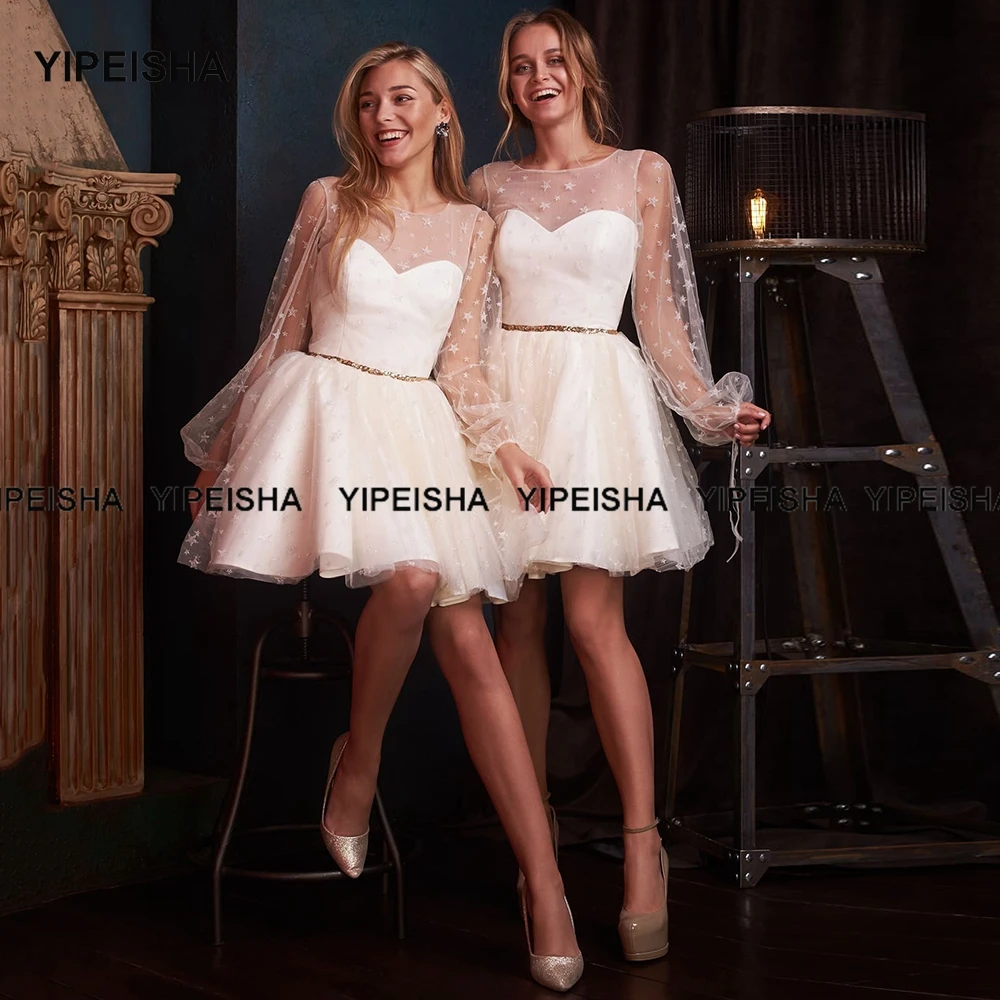 Yipeisha Glitter Short Homecoming Dresses Jewel Long Sleeves Short Cocktail Dress A-line White Mini Birthday Party Gown