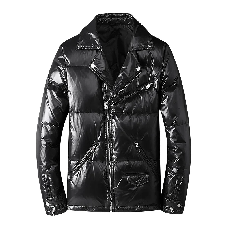 Abrigo brillante con solapa y cremallera para hombre, Chaqueta corta Lisa para motocicleta, abrigo cálido para invierno, estilo coreano, negro y azul profundo