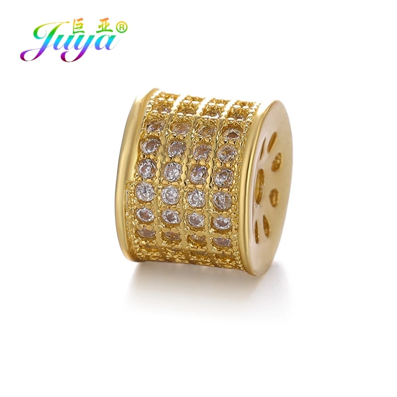 Juya DIY Small Hole Charm Beads Supplies Micro Pave Zircon 10mm 12mm Metal Beads For Women Natural Stone Beadwork Jewelry Making