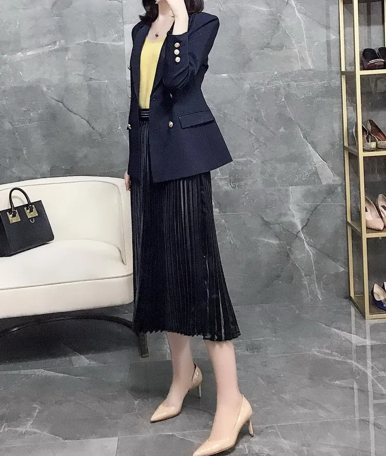Blazer Desainer Fashion Baru Musim Semi Blazer Panjang Wanita Kancing Metal Berkancing Dua Baris Lengan Panjang Pakaian Luar Ukuran Plus 5XL