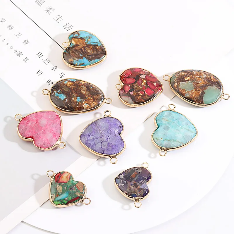 Heart Nature Imperial Stone Pendant connectors natural gem stone pendants Double Holes for Jewelry Making DIY Bracelet Necklace