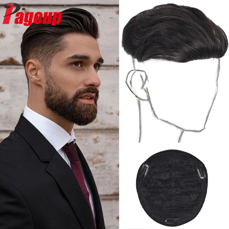 PAGEUP-peluca sintética para hombre, pelo corto y liso, postizo de cuero cabelludo simulado, color negro Natural, realista