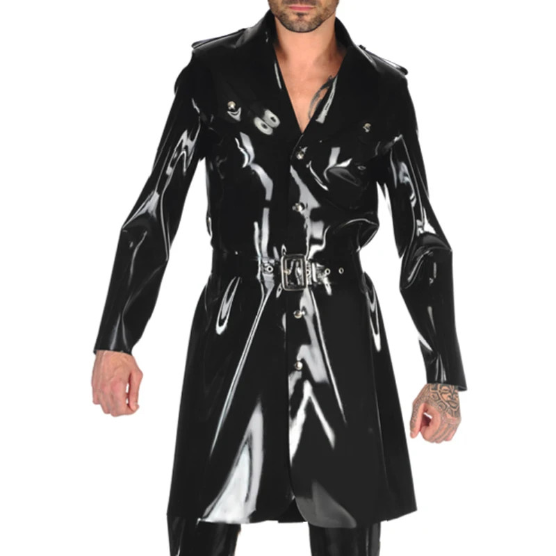 Black Sexy Latex Trench Rain Coats With Belts Rubber Jacket Robe YF-0250