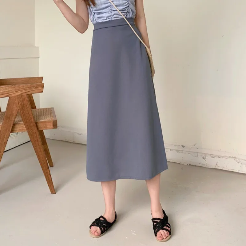 Casual Holiday Party Midi Skirts Womens 2021 Autumn French Office Lady Elastic Waist Simple Elegant Long Maxi Skirt