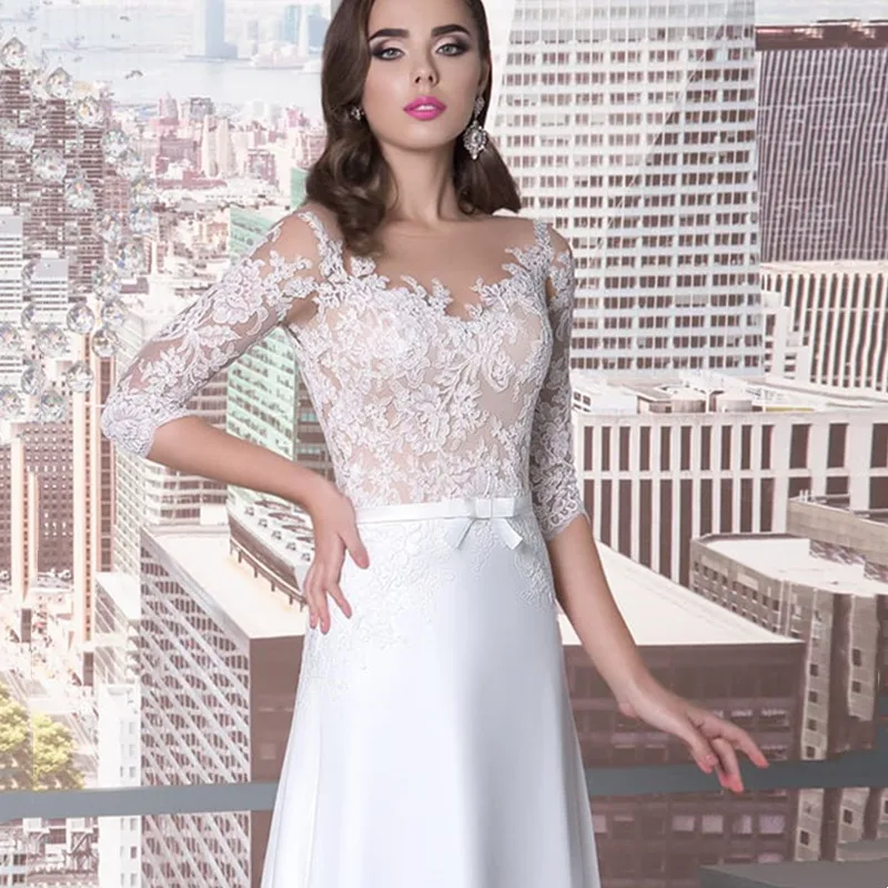 Vestido de novia bohemio acampanado, Media manga, escote en V, apliques de encaje, botón, cinturón, lazo, hecho a medida, gran oferta, 2024