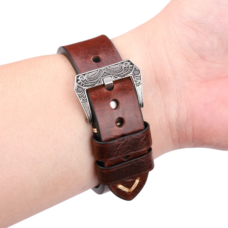 Handmade Watchband 20mm 22mm 24mm Genuien Leather Watch Band Strap 4 Colors Cowhide Watch Accessories Retro Steel Buckle