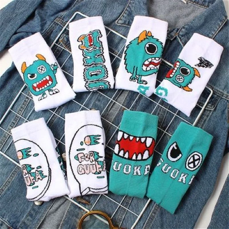 Fashion Harajuku Men\'s Socks Funny Cartoon Monster Socks Korean Style Creative Design Street Fashion Hip-hop Skateboard Socks