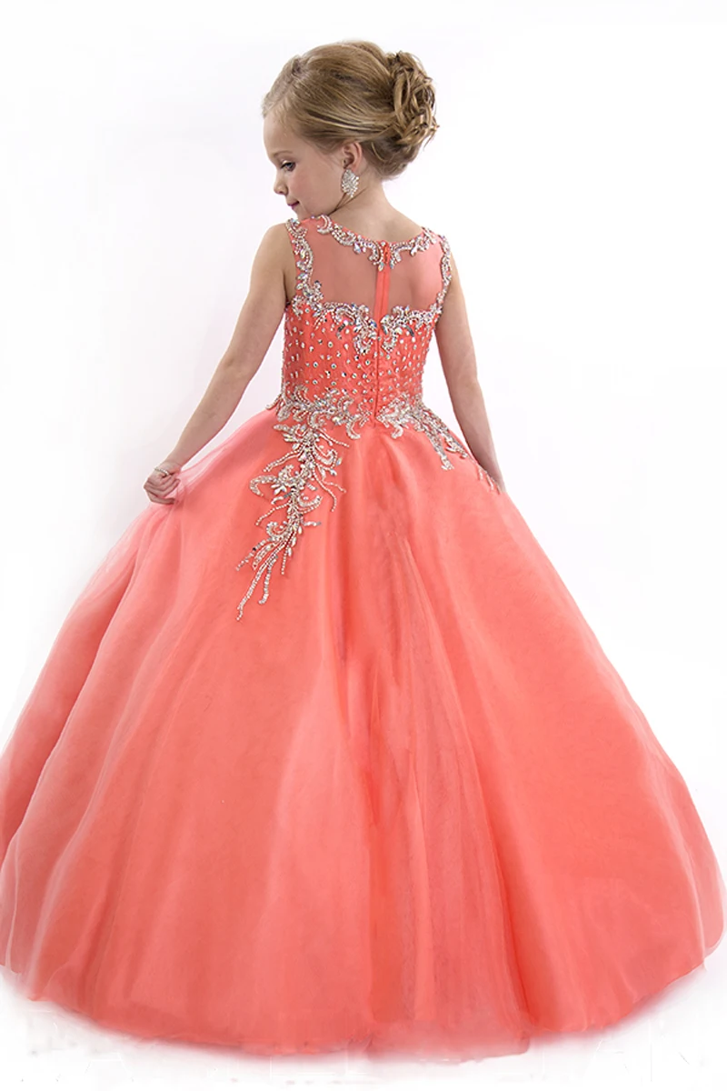 Luxury Crystal Coral flower girl pageant dresses 2015 New arrival Cinderella Girl Ball Gown Prom Party Dresses vestidos infantis