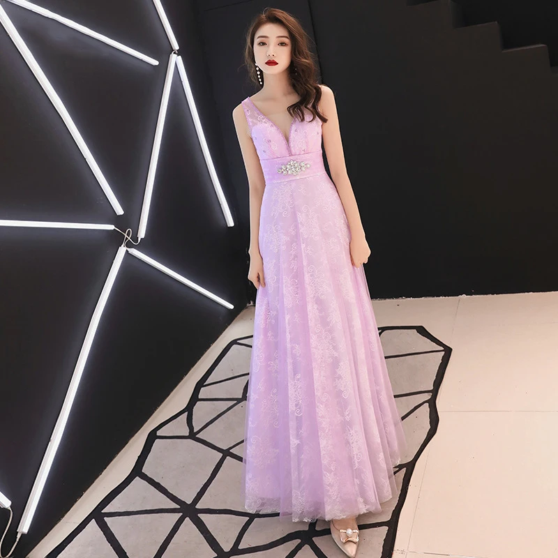 

Evening Dress 2020 New Korean Style Long Sexy Beading Deep V Prom Dress Wedding Party Dresses a Line Banquet Dress Haute Couture