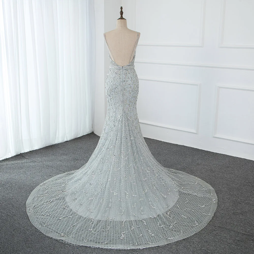 Sparkling Silver Crystals Long Evening Dresses Sexy Straps Tulle Beaded Evening Gown Backless Mermaid Formal Party