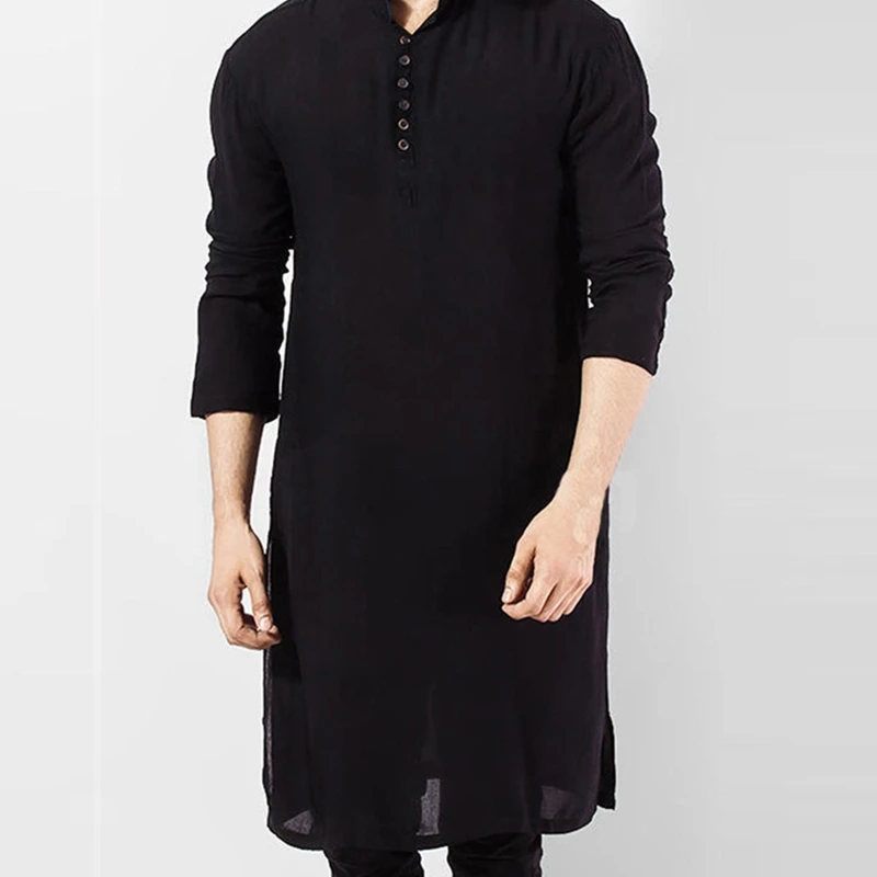 New Men Muslim Kurta T-Shirt Long Sleeve Buttons Stand Collar Kaftan Blouse Robe Top