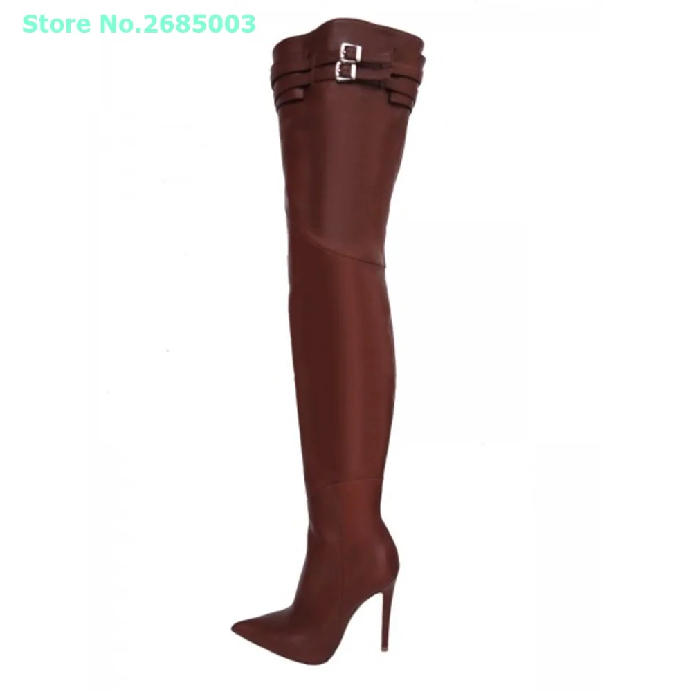 Brown Buckle Thigh High Boots Pointed Toe Thin High Heels Side Zipper Solid Leather Autume Winter Boots Women Party Dress Shoes