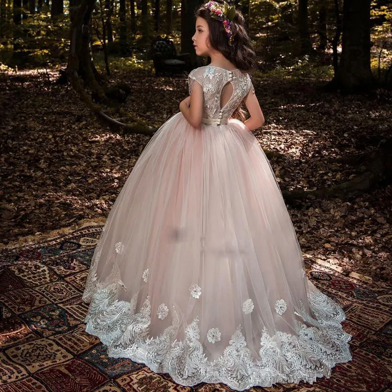 Kinder Blume Mädchen Kleider Für Hochzeiten Ballkleid Cap Sleeves Tulle Spitze Perlen Lange Erstkommunion Kleider Für Kleine Mädchen