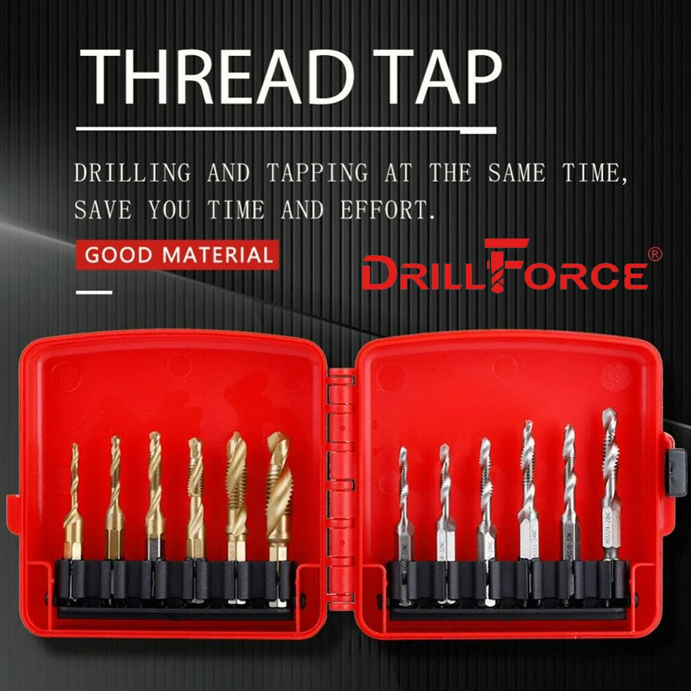 12 Buah M3-M10 Hex Shank Set Mata Bor Tap Metrik & Inci Ulir Sekrup HSS Lapis Titanium + Kotak Baja Kecepatan Tinggi M3 M4 M5 M6 M8 M10