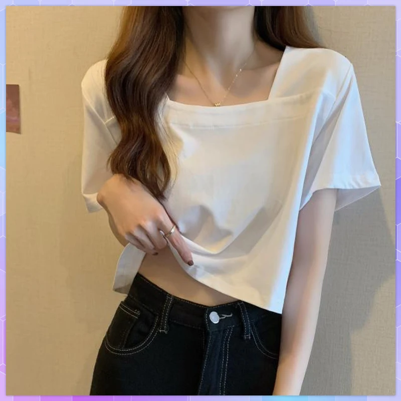 Women Square Neck Short-Sleeve T-shirts Vintage Crop Tops Goth T-shirt Gothic Streetwear Sexy High Waist Solid Loose Top Female