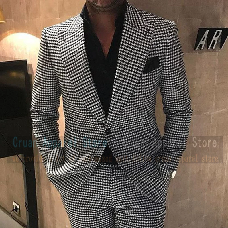 

Custom Made Houndstooth Suits For Men Slim Fit Formal Prom Party Wedding Best Man Groom Suit Dress Tuxedo Blazer Pants 2 Pieces