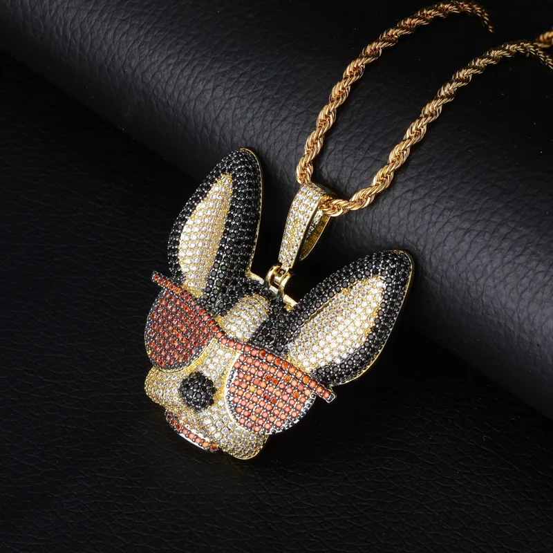

Hip Hop Micro Paved AAA Cubic Zirconia Bling Iced Out Cool Sunglasses Dog Pendants Necklace for Men Rapper Jewelry
