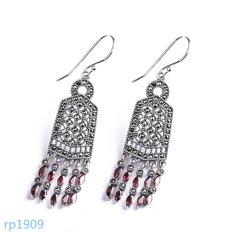 KJJEAXCMY boutique jewelry S925 Delicate fringed women's pomegranate red and black agate earrings in sterling silver