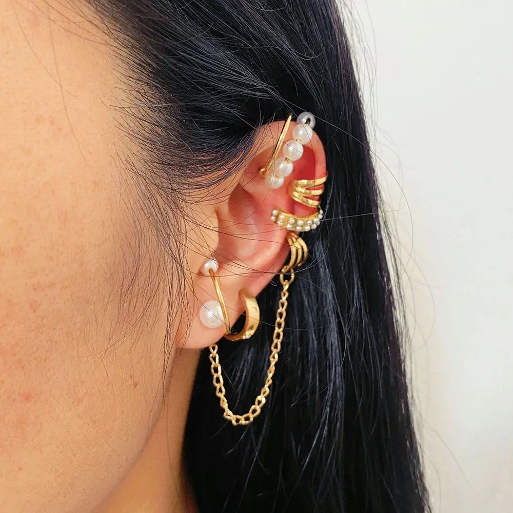 8Pcs Korean Non-Pierced Tassel Gold Ear Bone Clip Fake Cartilage Earrings Pearl Ear Clips Women earrings Ear Cuff