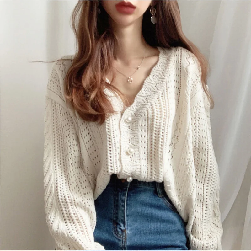 2023 Women Spring Summer Sweater and Cardigans Low V-Neck Knit Tops Long Sleeve Hollow Out Sexy Cardigan Loose White Tops