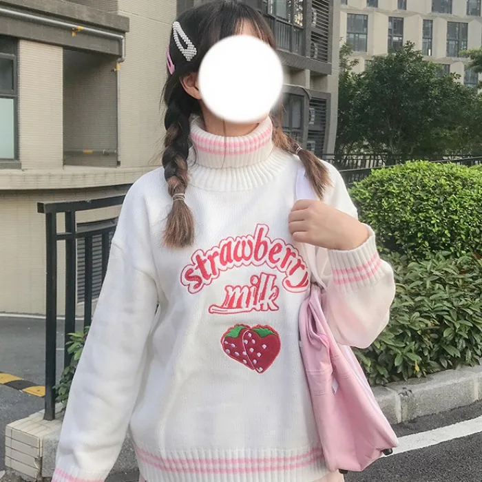 Cute Strawberry Embroidered Loose Sweater Women's Sweaters Japanese Kawaii Ulzzang Female Korean Harajuku Clothing For Women