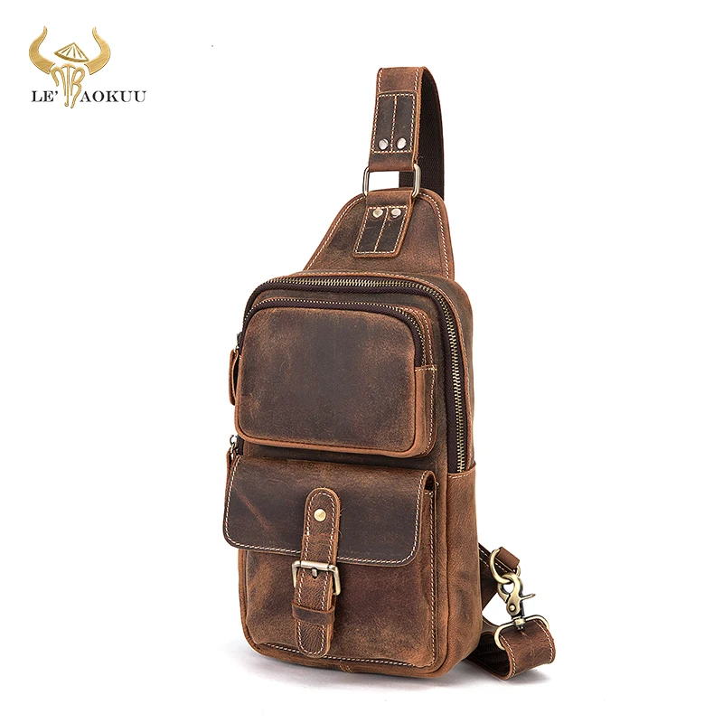 Hot Sale Men Crazy Horse Leather Vintage Triangle Chest Sling Bag 8