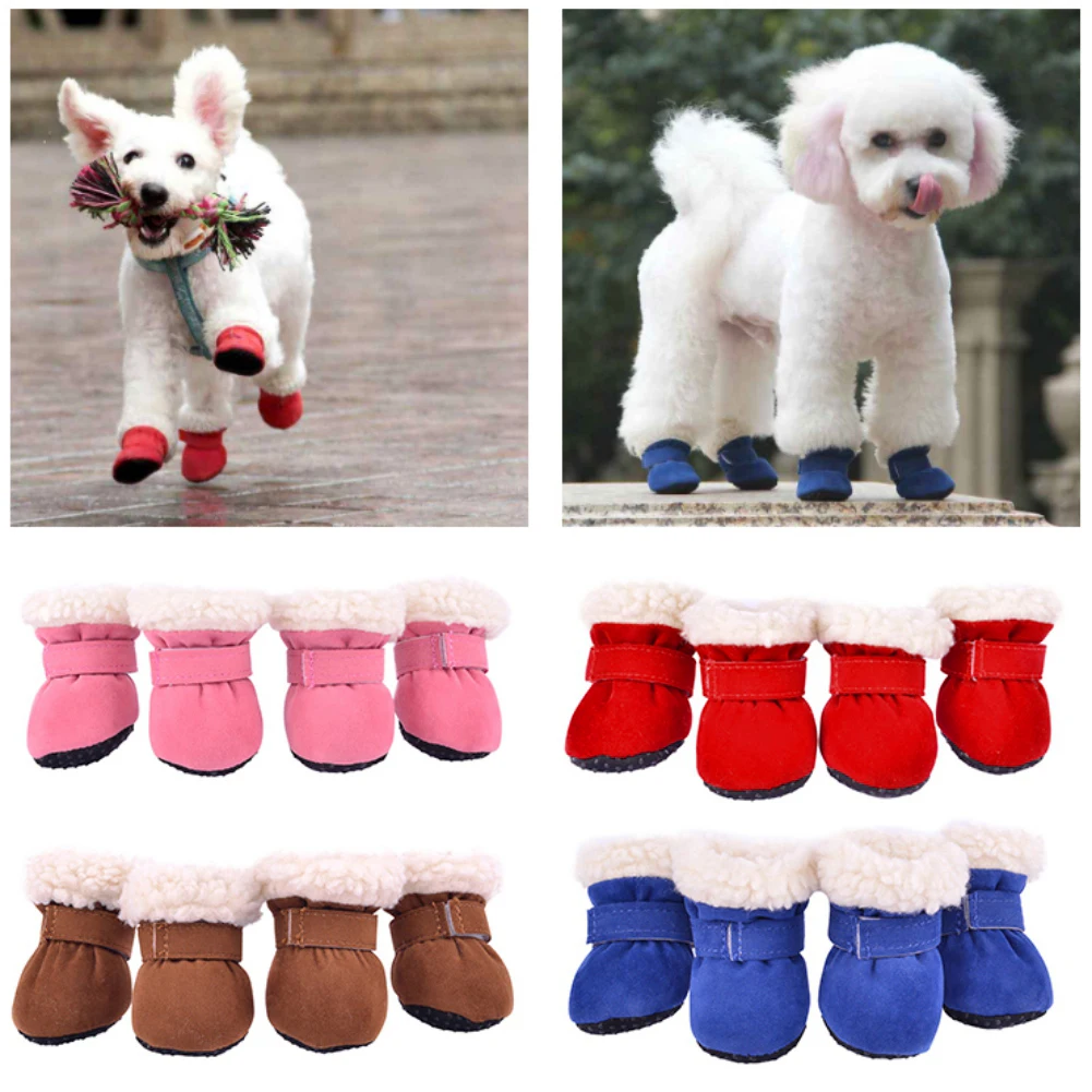 4 Pcs/Sets Winter Dog Shoes For Small Dogs Warm Fleece Puppy Pet Shoes Waterproof Dog Snow Boots Chihuahua Teddy Yorkie Shoes