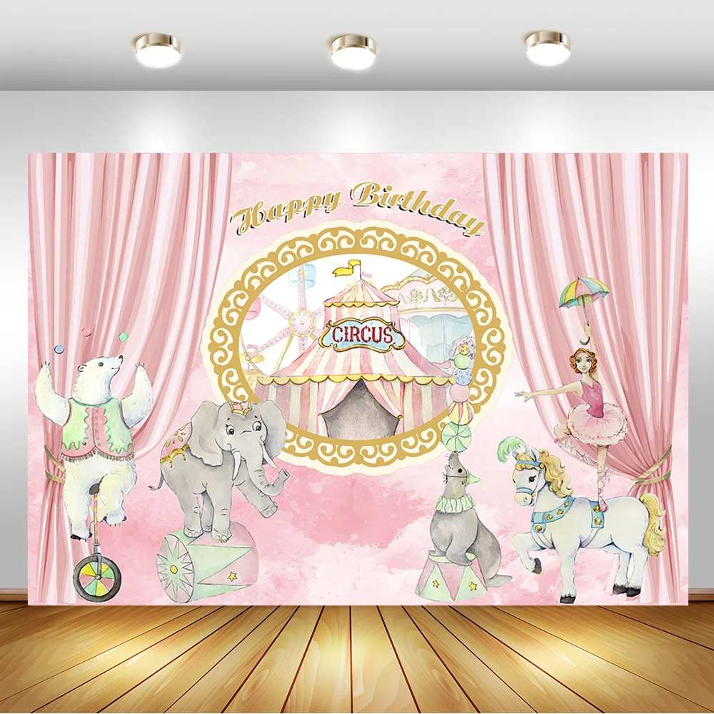 Mocsicka Circo Aniversário Fundo Rosa Cortina Dança Menina Fotografia Contexto Urso Elefante Decoração Banner Estúdio Prop