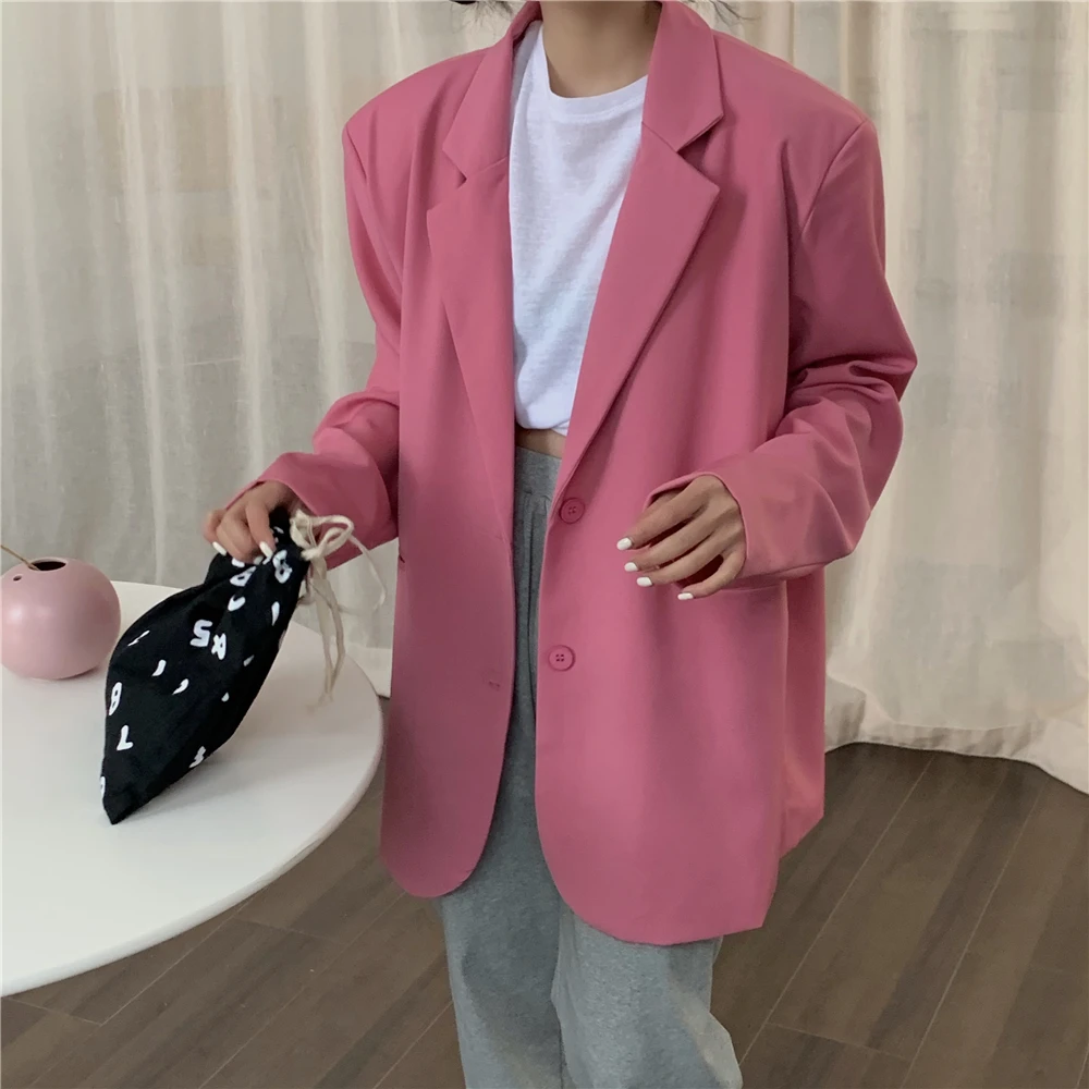 

Fashion Young Girl Blazer Chic Pink Custom Made Pocket Jacket Streetwear Over Size Loose Office Lady Casual Daily Coat 1 Piece