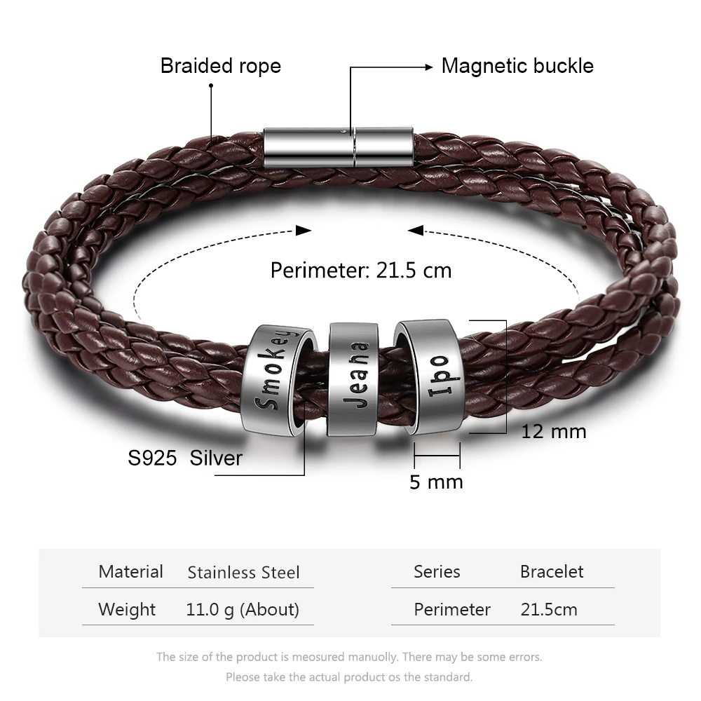 Customized 2-5 Names Beads Bracelets for Men Personalized Brown Braided Rope Leather Bracelet Male Jewelry Gift for Grandfather