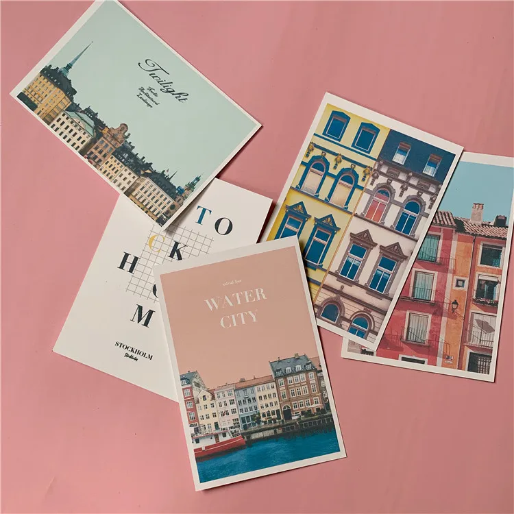 Pink Retro Waterside Town House Decoration Card 5 Sheets Photography Props Small Poster Diy Wall Sticker Postcard Greeting Cards