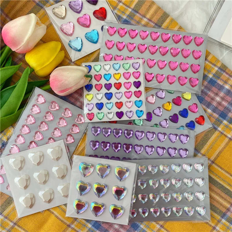 Lovely Heart Shaped Diamond Sticker Laser Colorful Crystal Girl Makeup Mobile Phone Diy Creative Decorative Sticker stationery