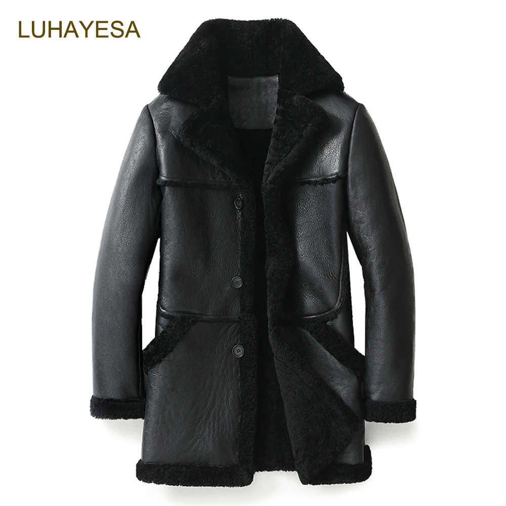 

LUHAYESA Black Thicken Real Fur Coat Men Winter Yellow Brown Sheepskin Fur Shearling Jackets Genuine Leather Ovecoats