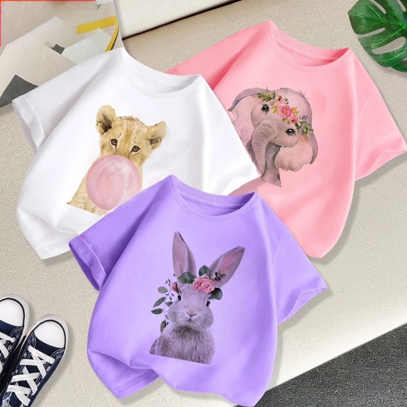 3 Color Elephant Funny Kawaii Girls Clothes Streetwear Boys Shirts Round Neck Baby Girl Tops Cartoon Casual Kids T-shirt Fashion