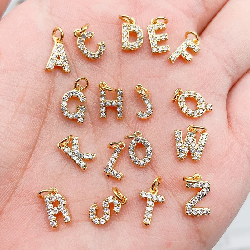 3pcs/lot  8x8mm Brass Jewellery Cubic Zirconia Crystal 26 Letter Charms Pendants for Women Necklace earring jewelry accessories