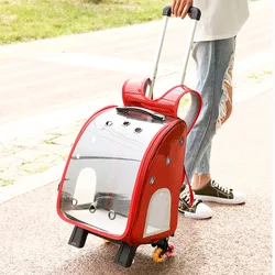 Pet Trolley Backpack Carrier For Cat Portable Outside Transparent Cat Carrier Both Shoulders Knapsack Ventilation Draw Bar Box