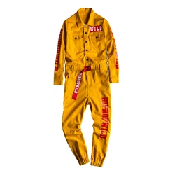 Sokotoo Men's letters printed long sleeve yellow joggers jumpsuits Y2K Youth overalls Coveralls