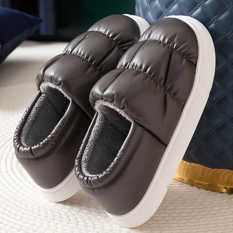 Waterproof Non-Slip Home Slippers Men Plush Cotton Shoes Women Slippers Winter Warm Indoor Comfort Couples Thick Sole Slippers