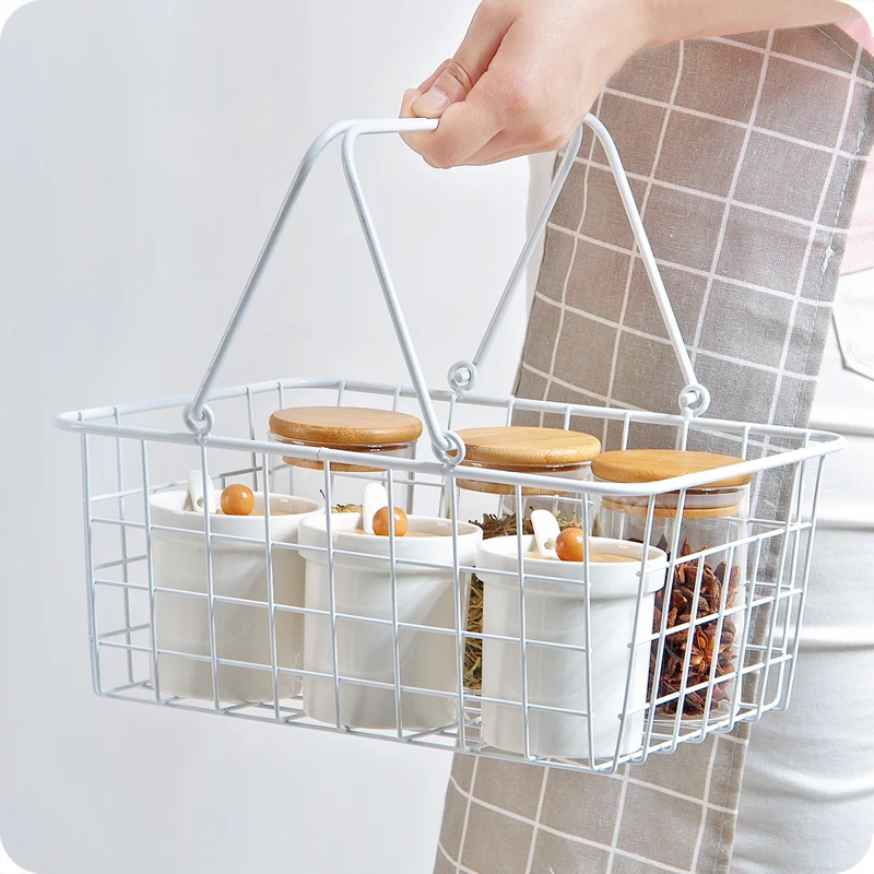 Japan Style Portable Iron Storage Basket Bathroom Kitchen Sundry Storage Organizer Table Storage Basket With Handle White Color