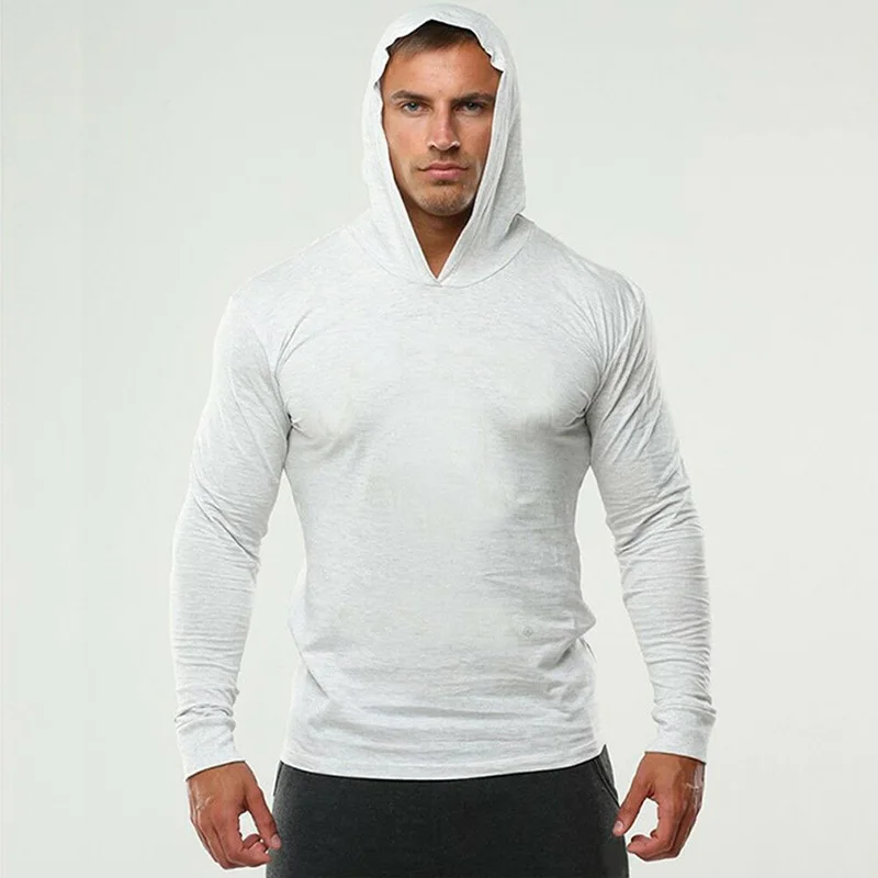 Brand Gym Clothing Solid Color Long Sleeve Hooded Slim Fit T Shirt Men Cotton Tee Shirt Bodybuilding Fitness Sportwear Tshirt