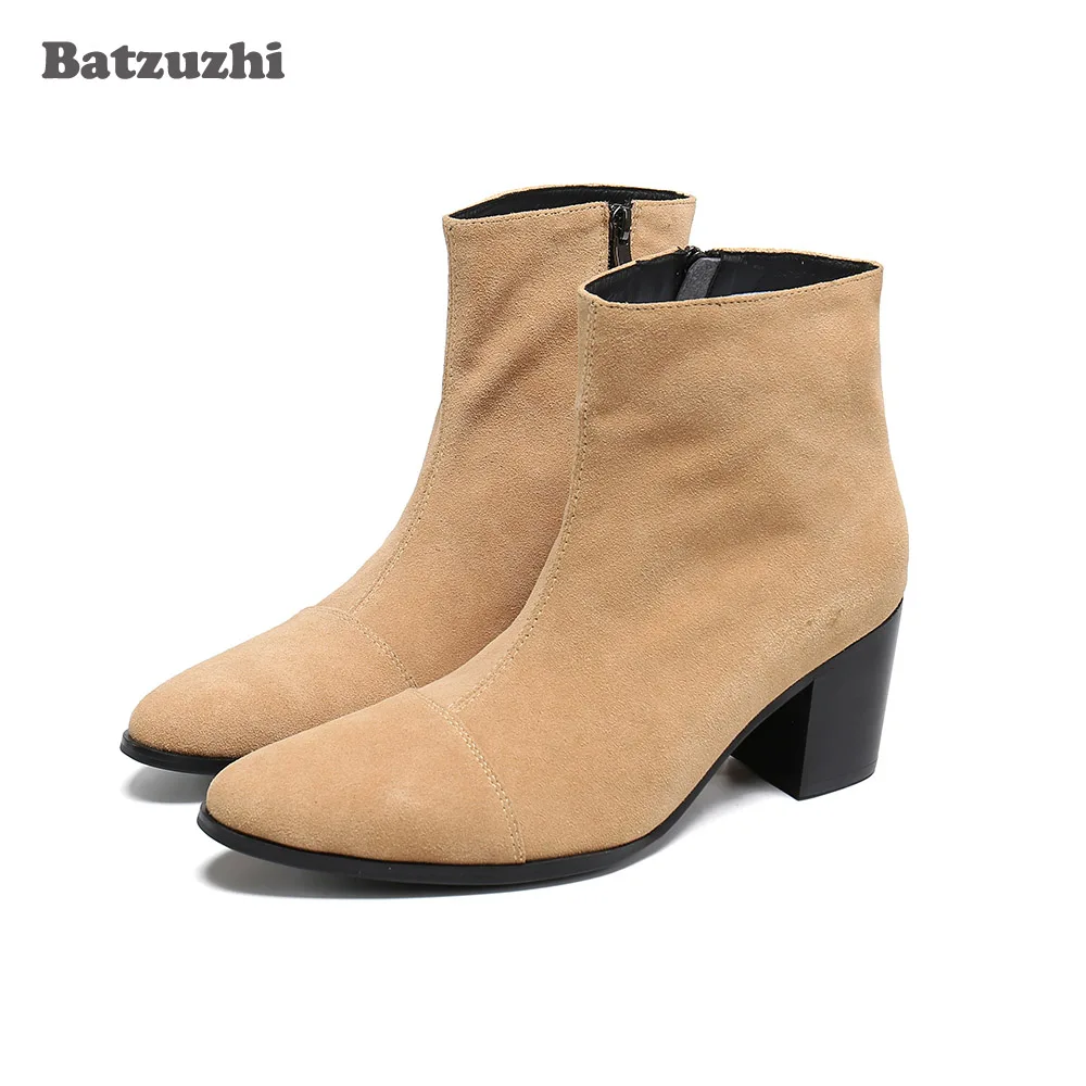 

Batzuzhi 7.5cm High Heel Men Boots Pointed Toe Lxuxury Handmade Suede Leather Ankle Boots Men Botas Hombre Motorcyce/Party Wear