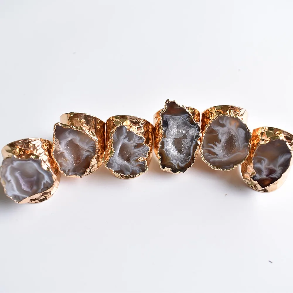 Wholesale 6pcs/lot Natural Brazilian Electroplated Color Edged Slice Open Agates Rings  Women Wedding Engagement Ring Set view 3